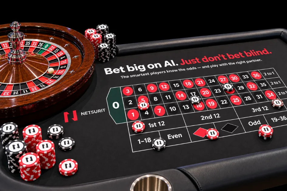 A black and red roulette table laid with Netsurit branded chips, printed with the line Bet big on AI. Just don't bet blind.